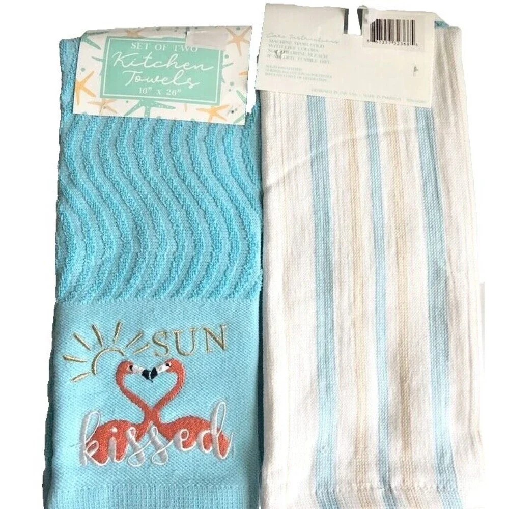 Flamingo Kitchen Dish Towels Set of 2 Aqua Embroidered Sun Kissed Beach Summer